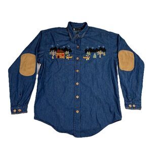 Vintage Citi-Craze Embroidered Denim Button Up Shirt Sz L Lake Cabin Elbow Patch